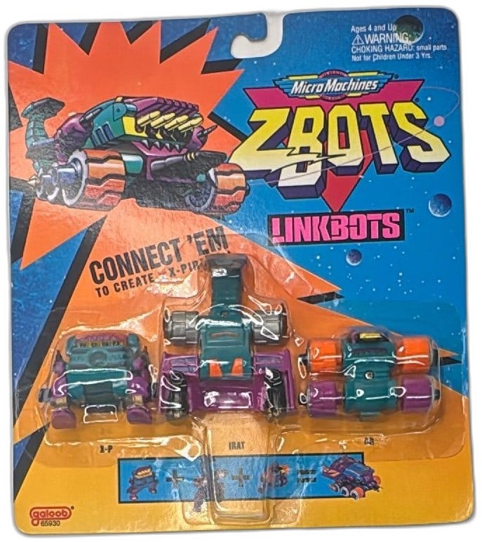 Micro Machines Z-Bots Linkbots X-P IRAT QB Galoob 65930 1994 Sealed New: Vintage 1994 Micro Machines Z-Bots Linkbots set X-P IRAT QB by Galoob, model 65930, still sealed on original card. Features boldly colored teal, purple, and orange robotic vehicles. Connect pieces to
