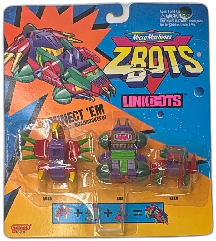 1994 Micro Machines Z-Bots Linkbots Quad Ros Keed Sealed Galoob 65930 MOC: Vintage 1994 Micro Machines Z-Bots Linkbots set by Galoob, MOC (mint on card), model 65930. Features colorful robot action figures: Quad, Ros, and Keed, can be combined to form Quadroskeed. Bright pur