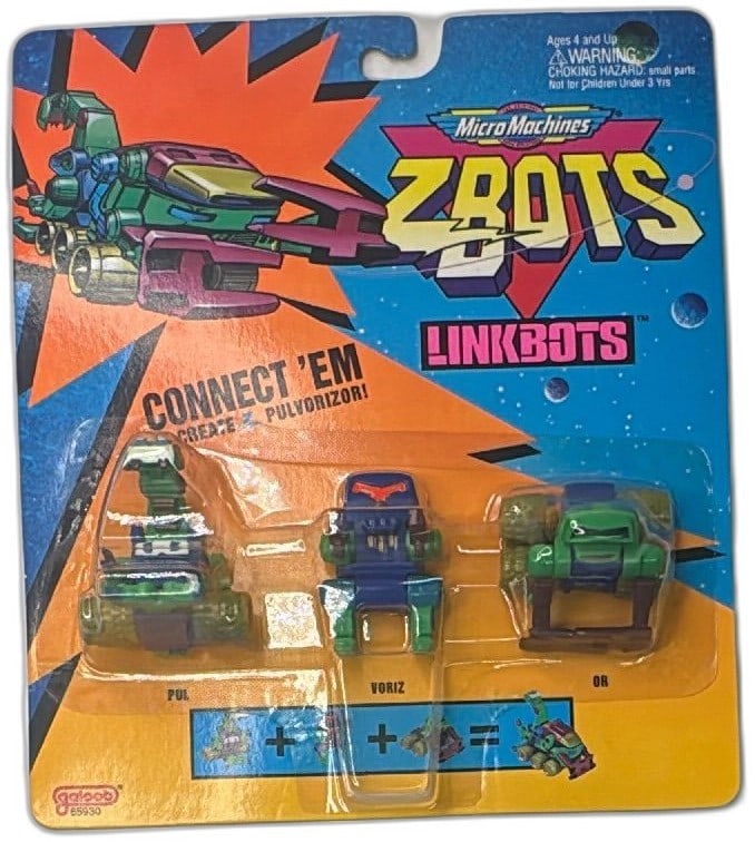 1994 Micro Machines Z-Bots Linkbots Pul Voriz Or Galoob MOC New Sealed: Vintage 1994 Micro Machines Z-Bots Linkbots set by Galoob, featuring Pul, Voriz, and Or robots. Still factory sealed, unused on original blister card. Bright multicolor robots can be connected to crea