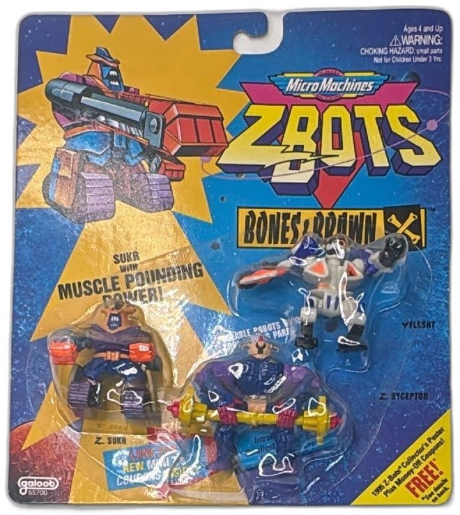 Micro Machines Z-Bots Bones Brawn 3 Pack Galoob 65700 1994 New Sealed: Micro Machines Z-Bots Bones & Brawn 3 Pack by Galoob, model 65700, from 1994. Features poseable robots with mixing parts—Flesh, Z. Byceptor, and Z. Sukr. Factory sealed on card, ideal for collectors