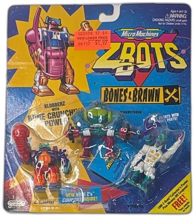 1994 Galoob Micro Machines Z-Bots Bones & Brawn Klobberz Hamstrong NIB: Vintage 1994 Galoob Micro Machines Z-Bots Bones & Brawn action figure 3-pack, sealed new in original packaging. Includes Klobberz, Hamstrong, and poseable robot with bone crunching power. Card is brig