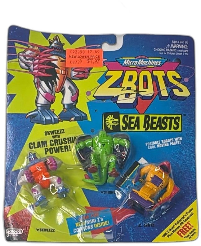 1994 Micro Machines Z-Bots Sea Beasts Skweez Stinng Z-Jawzz Galoob MOC: Vintage 1994 Micro Machines Z-Bots Sea Beasts set by Galoob, featuring Skweez, Stinng, and Z-Jawzz. Classic collectible 3-pack with original card and blister packaging, item number 65700. Bright multi