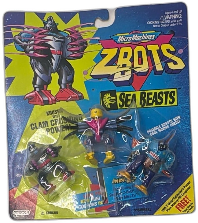 Micro Machines Z-Bots Sea Beasts Z Krushr Barnakil Syminx 1994 New Sealed: Vintage Micro Machines Z-Bots Sea Beasts set, featuring Z Krushr, Barnakil, and Syminx, produced by Galoob in 1994. Factory sealed, carded, unpunched top, minimal shelf wear—packaging colors still v