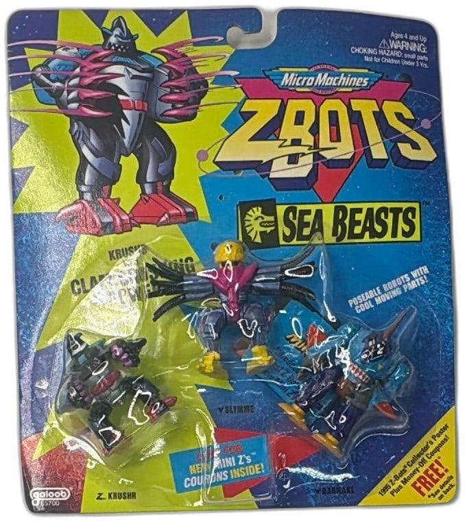 Micro Machines Z-Bots Sea Beasts 3 Pack Z Krushr Slymme Banakal 1994 Galoob: Vintage Micro Machines Z-Bots Sea Beasts 3-Pack by Galoob, 1994, includes Z Krushr, Slymme, and Banakal figures. Collectible, sealed, and carded set features poseable robots with unique animal-inspire