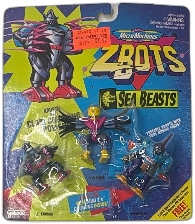 Micro Machines Z-Bots Sea Beasts 3 Pack Galoob 1994 Krushr Vlyme Garmal New: Micro Machines Z-Bots Sea Beasts 3 Pack from Galoob 1994, featuring Krushr, Vlyme, and Garmal robots. Factory sealed on original blister card, showcasing bright, vibrant artwork. Collectible vintage t