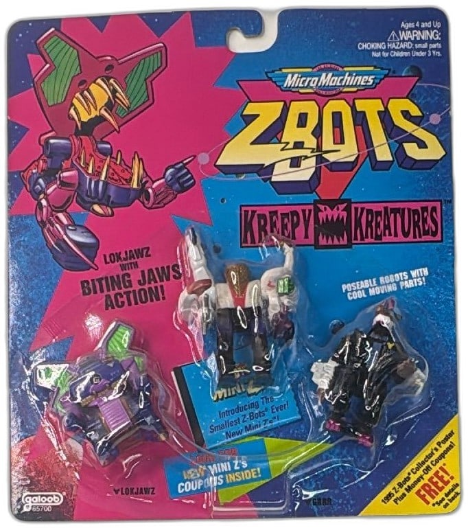 Micro Machines Z-Bots Kreepy Kreatures 1994 Galoob Lokjawz Sealed Pack: Vintage Micro Machines Z-Bots Kreepy Kreatures action figure 3-pack by Galoob, sealed on original card from 1994. Features Lokjawz with biting jaws action and two additional poseable robots with cool