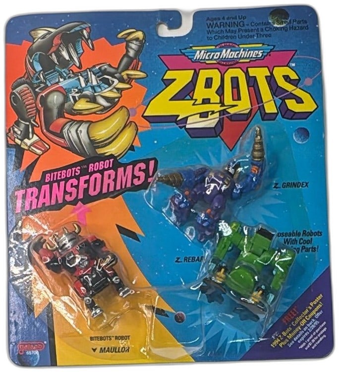1993 Micro Machines Z-Bots Bitebots Robot 3 Pack Maullor Grindex Rebarr Sealed: 1993 Micro Machines Z-Bots Bitebots Robot 3 Pack by Galoob featuring Maullor, Grindex, and Rebarr. Vintage unopened card, displays original artwork and vibrant colors. Bitebots robots transform with c