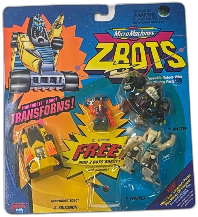 1994 Galoob Micro Machines Z-Bots Morphbots Z-Kruzinon Nastee WorpEx MOC: Vintage 1994 Galoob Micro Machines Z-Bots Morphbots Action Figures, featuring Z-Kruzinon, Nastee, WorpEx, and bonus Z-ZuproX mini robot. Factory-sealed on original card. Highly collectible, made of du