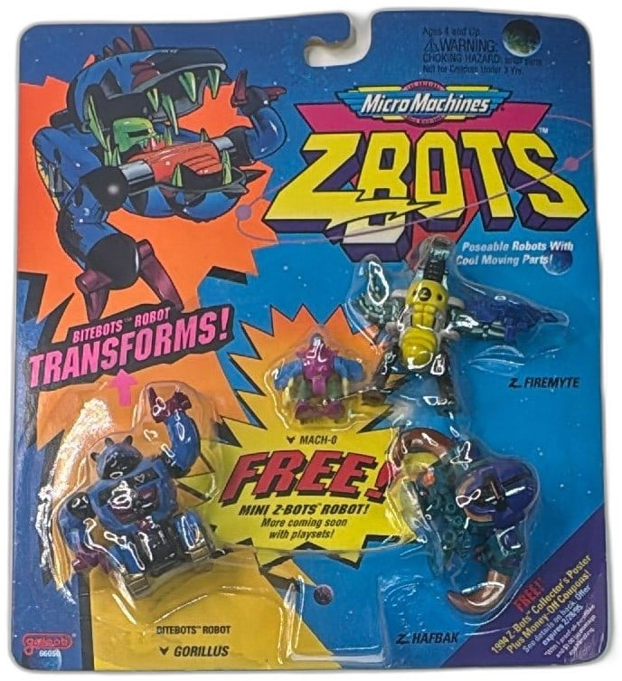 1994 Micro Machines Z-Bots Bitebots Gorillus Z Firemyte Z Hafbak Mach-O Sealed: 1994 Micro Machines Z-Bots Bitebots Gorillus Robot with Z Firemyte, Z Hafbak, and bonus Mach-O mini Z-Bot, sealed in original packaging by Galoob. Classic transforming collectible robots with vibrant