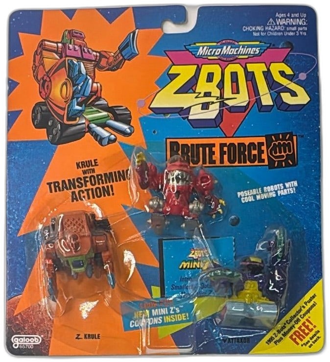 Micro Machines Z-Bots Brute Force 3 Pack 1994 Galoob Vintage Sealed Toys: Micro Machines Z-Bots Brute Force 3 Pack by Galoob, released in 1994, vintage sealed on original card. Features Z-Krule with transforming action, plus Attaxor and a third poseable robot. Colorful desi