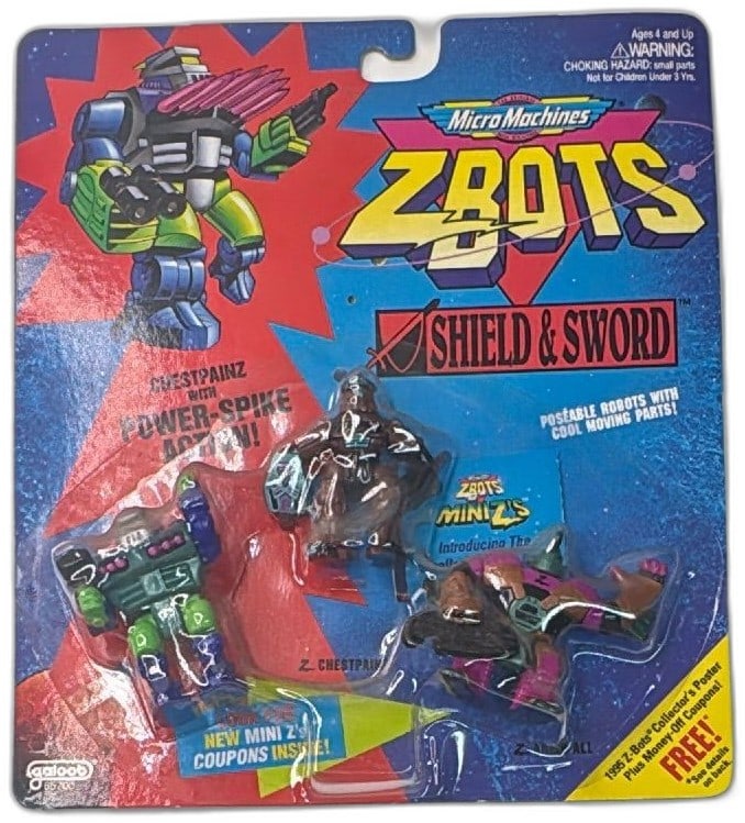 Micro Machines Zbots Shield Sword 3 Pack Galoob 65700 Sealed 1994 Chestpainz: Micro Machines Z-Bots Shield & Sword series 3-figure pack by Galoob, item 65700, released in 1994. Set features Arm-All, Chestpainz (with Power-Spike Action), and Lance. Figures are new and sealed on