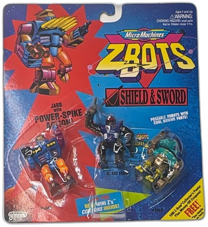Micro Machines Z-Bots Shield Sword 3 Pack Jabb Axe Fang Valr Galoob 1994 MOC: Micro Machines Z-Bots Shield & Sword 3-pack, sealed on original 1994 Galoob card. Includes Jabb with Power-Spike Action, Z Axe Fang, and Valr, with posable robot figures. Great for vintage toy collect