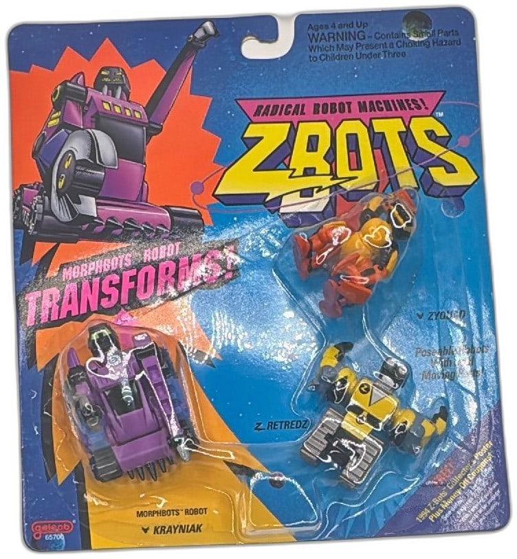 1994 Galoob Z-Bots Morphbots 3 Pack Krayniak Retredz Zyquad Sealed MOC: 1994 Z-Bots Morphbots 3 Pack by Galoob Toys featuring Krayniak, Retredz, and Zyquad robots, still factory sealed on original colorful blister card. Robots are plastic mini action figures with transfor
