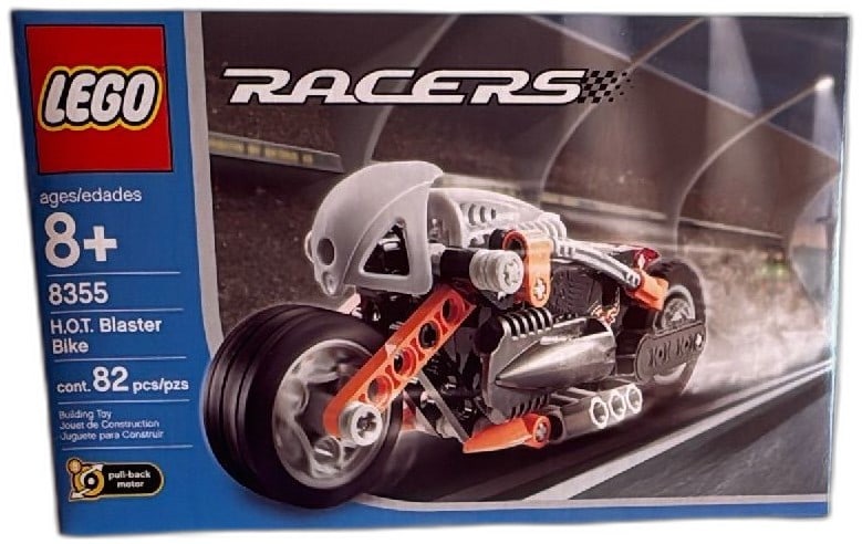 LEGO Racers 8355 HOT Blaster Bike Sealed 2003 Set Pull Back Motor 82 Pieces: LEGO Racers 8355 HOT Blaster Bike, sealed 2003 set with 82 pieces, features unique pull-back motor for fast action play. Ideal for collectors, this LEGO motorcycle kit targets ages 8+ and highlights T
