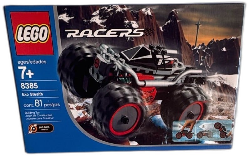 LEGO Racers 8385 Exo Stealth 81 Piece Set 2003 Pull Back Motor Sealed Box: LEGO Racers 8385 Exo Stealth from 2003, collectible building toy with 81 pieces and a pull-back motor. Features large rugged wheels, black and red colorway, and detailed graphics on the box. Suitable