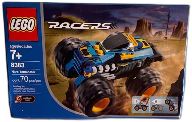 LEGO Racers 8383 Nitro Terminator 2003 Pull Back Motor 70 Piece Set Sealed Box: LEGO Racers 8383 Nitro Terminator from 2003, includes 70 pieces with pull-back motor for ages 7 and up. Features a blue and yellow monster truck with large wheels, combining with set 8385 for larger m