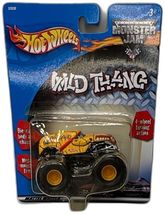 Hot Wheels Monster Jam Wild Thang 53530 Diecast Truck 2001 New Sealed: Hot Wheels Monster Jam Wild Thang diecast monster truck, model 53530, released in 2001. Features vibrant yellow body, cracked detailing, and signature fang graphics. Packaged new and unopened with ori