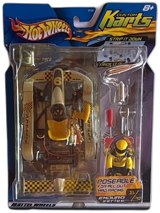 Hot Wheels Custom Karts Enduro Series 1 of 4 Poseable Racing Kart Set 2001: Hot Wheels Custom Karts Enduro Series 1/4 racing kart set with poseable figure "Petester," tools, and interchangeable parts. Vintage 2001 Mattel release, ideal for collectors and racing toy fans. Feat