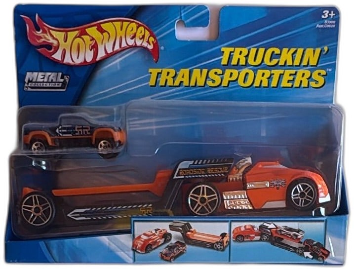 Hot Wheels Truckin Transporters Roadside Rescue Metal Collection 2003 New: Hot Wheels Truckin Transporters Roadside Rescue set from 2003, includes orange and black transport truck and car. Metal Collection series, officially licensed Ferrari and Nissan product. Unopened, ori