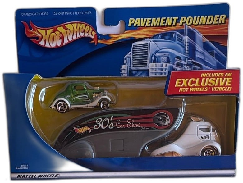 Hot Wheels Pavement Pounder 30s Car Show Indiana 89313 Exclusive 2000 New: Hot Wheels Pavement Pounder 30s Car Show Indiana set, model 89313, released by Mattel in 2000. Features exclusive die-cast car and hauler in unopened packaging, excellent for collectors. Authentic Hot