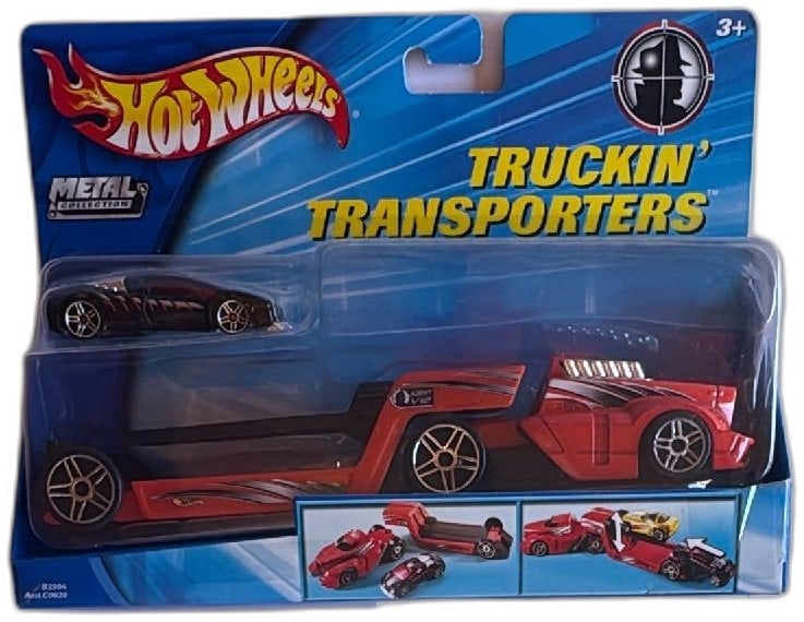 Hot Wheels Truckin Transporters Agent V12 Red Diecast Car Set 2003 New: Hot Wheels Truckin' Transporters Agent V12 red die-cast vehicle set, model B3904, released in 2003 by Mattel. Features a red transport truck with gold-accented wheels and a matching black-and-red spor
