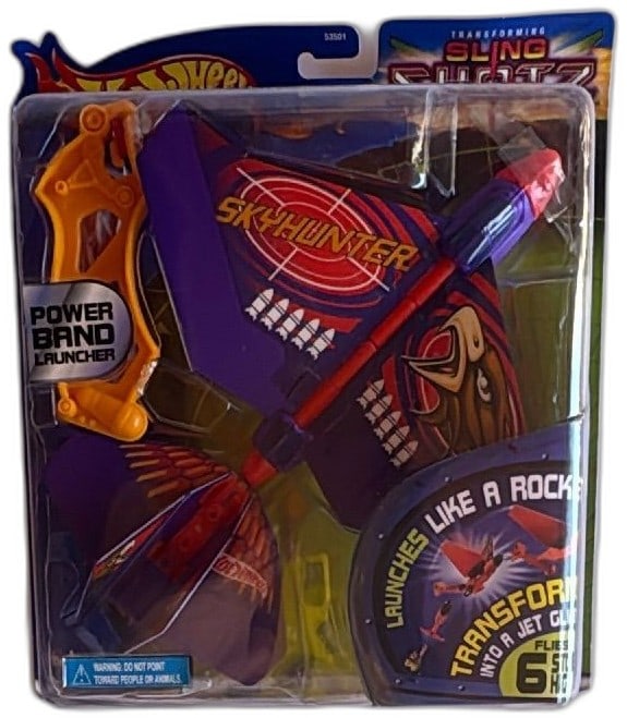 Hot Wheels Slingshotz Skyhunter Power Band Launcher Jet Glider Toy New: Hot Wheels Slingshotz Skyhunter with Power Band Launcher, launches like a rocket and transforms into a jet glider. Flies up to 6 stories high. Features vibrant purple and orange plastic, bold eagle gr
