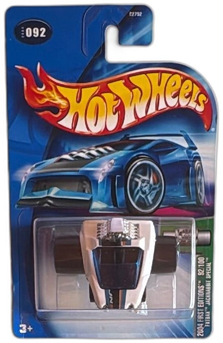 Hot Wheels 2004 First Editions Fatbax Jacknabbit Special 92 100 Mint Card: Hot Wheels 2004 First Editions Fatbax Jacknabbit Special 92/100, mint on sealed card. Features striking white and blue color, "Fatbax" extra-wide wheels for unique design. Collectible item ideal for f