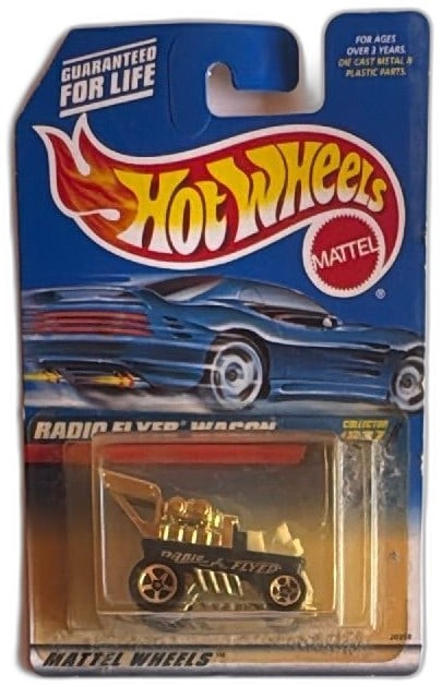 Hot Wheels Radio Flyer Wagon 1998 Collector 837 Blue Card New Sealed: Hot Wheels Radio Flyer Wagon diecast car, 1998 Mattel Collector #837, blue card, Radio Flyer logo on side, gold engine details. Package is unopened with minor wear on corners and edges, plastic bliste