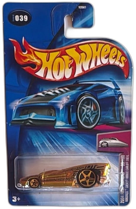 Hot Wheels 2004 First Editions Hardnoze Chevy Monte Carlo 1974 Gold Diecast: Hot Wheels 2004 First Editions Hardnoze Chevy Monte Carlo 1974, number 039 of 100, gold diecast collectible with bold geometric tampo and large rear wheels. Carded and unopened, packaging in good cond