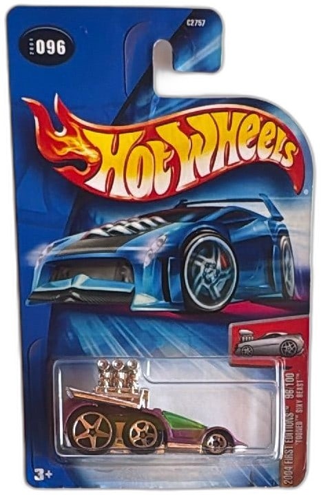 Hot Wheels 2004 First Editions Tooned Sixy Beast 96/100 Purple Green: Hot Wheels 2004 First Editions Tooned Sixy Beast 96/100 in original blister pack. Features exaggerated proportions, purple and green body, gold chrome engine, and large rear wheels. Highly collectible