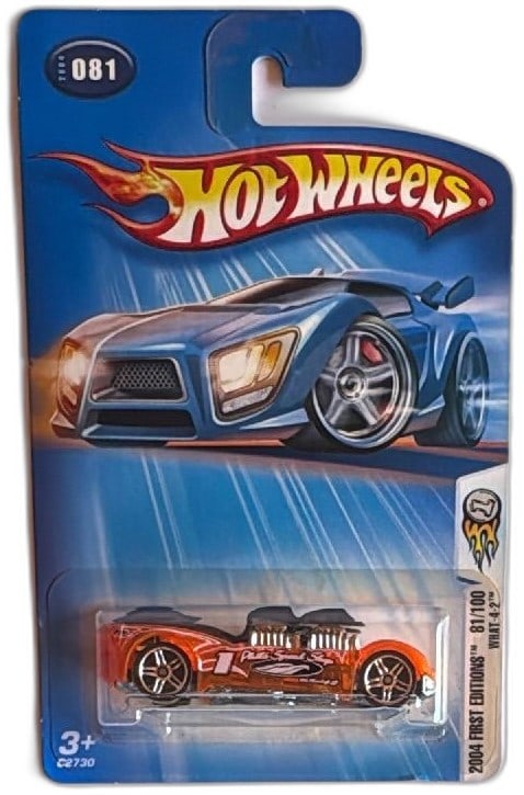 Hot Wheels 2004 First Editions What-4-2 81 of 100 Orange Patty Speed Shop: Hot Wheels 2004 First Editions What-4-2 No. 81 of 100, orange die-cast car, Patty Speed Shop graphics, model C2730. Unopened original blister pack, showing only minor age-related wear to card corners.