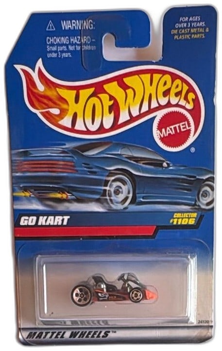 Hot Wheels Go Kart 1999 First Editions Collector 1106 Mattel Wheels NIP: Hot Wheels Go Kart 1999 First Editions Collector #1106, Mattel Wheels, sealed in original packaging. Features distinctive black and orange die-cast kart, clear canopy, and "MJ Engineering" decal. Card