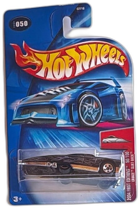Hot Wheels 2004 First Editions Crooze Slikt Back 50 of 100 Black Flames: Hot Wheels 2004 First Editions Crooze Slikt Back collectible die-cast car, number 50 of 100, in original sealed packaging. Features a black body with silver flames and chrome side detailing. Recommend