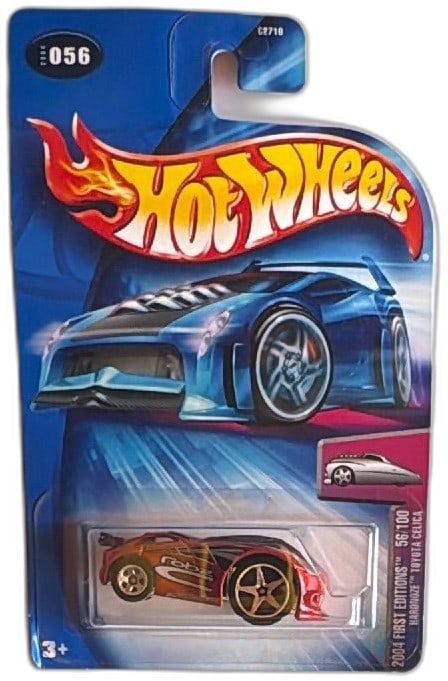 Hot Wheels 2004 First Editions Hardnoze Toyota Celica 56 of 100 Red Carded: Hot Wheels 2004 First Editions Hardnoze Toyota Celica 56/100 diecast toy car, red with bold gold and black graphics, in sealed original packaging. Great for collectors or display, #056 in the 2004 lin