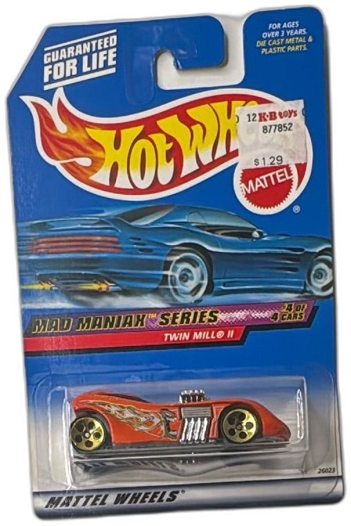Hot Wheels Mad Maniax Series Twin Mill II 1999 Mattel Wheels New Sealed: Hot Wheels Mad Maniax Series Twin Mill II die-cast car 1999 by Mattel. Features bold red body, flame graphics, and gold wheels. New in original factory-sealed packaging, blister pack shows only very m