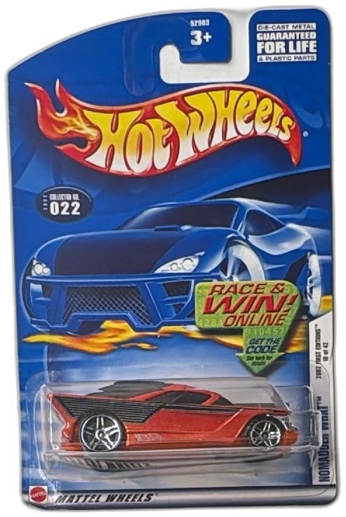 Hot Wheels Nomadder What 2002 First Editions Die Cast Car Collector 022 New: Hot Wheels Nomadder What die-cast car, 2002 First Editions, collector number 022 from the iconic Mattel series. Features an eye-catching red and black finish with chrome wheels, showcased in original 