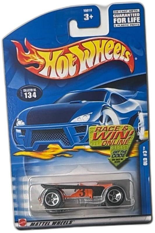 Hot Wheels Old 3 Number 3 Collectible Diecast Car 2001 Collector 134 NIP: Hot Wheels Old 3 #3 orange and black die-cast car, 2001, Collector No. 134. Factory-sealed, new on original card, featuring Mattel’s classic flame logo and vintage racing design. Ideal for collector