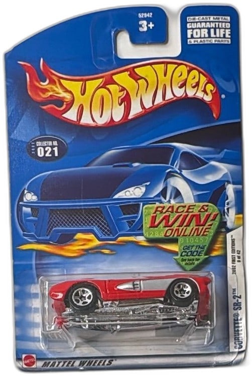 Hot Wheels Corvette SR-2 2002 First Editions 9 of 42 Diecast Car New: Hot Wheels Corvette SR-2 diecast car, 2002 First Editions series, 9 of 42 collector number 021. Features iconic red body with chrome base, detailed interior, and authentic logos. New in original blist