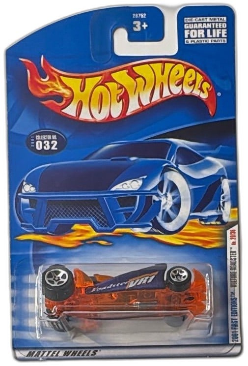 Hot Wheels 2001 First Editions Vulture Roadster 20 of 36 Collector 032 Orange: Hot Wheels 2001 First Editions Vulture Roadster number 20 of 36, Collector No. 032, sealed in original packaging. Features a unique translucent orange plastic body with bold black and white Vulture VR