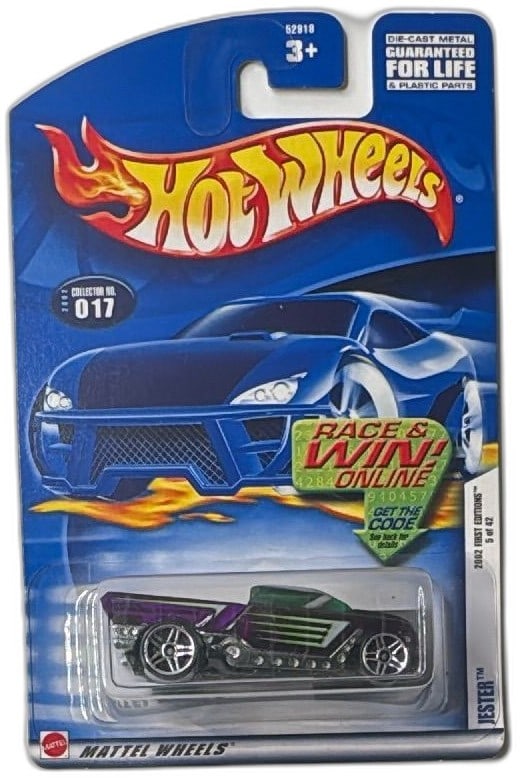 Hot Wheels 2002 First Editions Jester 5 of 42 Diecast Car New Sealed Card: Hot Wheels 2002 First Editions Jester diecast car, collector number 017, 5 of 42 in series. Features detailed casting in purple, green, and chrome, packaged in original blue blister card. Card include