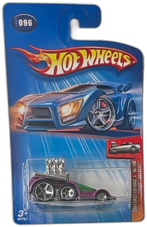 Hot Wheels 2004 First Editions Tooned Sixty Beast 096/100 New Sealed: Hot Wheels 2004 First Editions Tooned Sixty Beast 096/100, new and factory sealed in original blister pack. Collectible die-cast toy car features bold chrome, purple, and green colors with oversized w