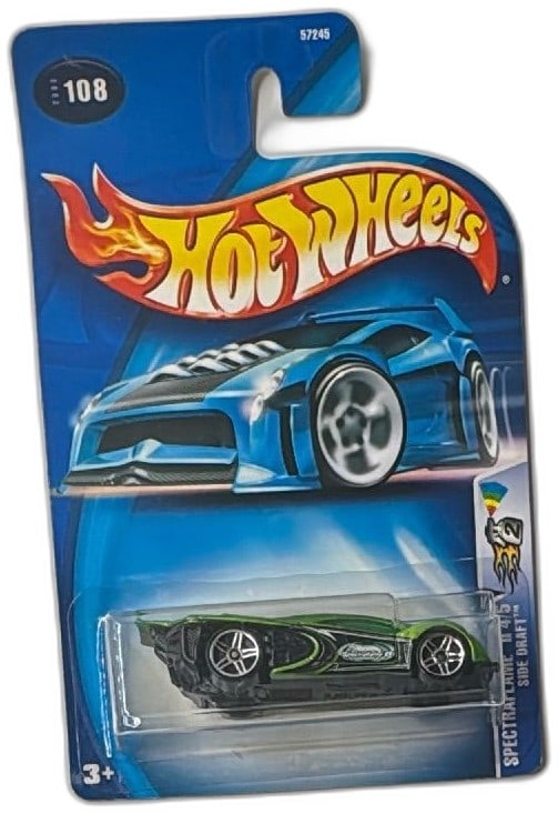 Hot Wheels Spectraflame II Side Draft 4/5 Green Diecast Car 2003 New Sealed: Hot Wheels Spectraflame II Side Draft 4/5 diecast car, green model, 2003 release, new and sealed on original card. Collectible toy car from Mattel's Spectraflame II series, featuring glossy metallic p