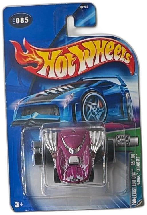 Hot Wheels 2004 First Editions Fatbax Exhausted 85 100 Pink Diecast Car: Hot Wheels 2004 First Editions Fatbax Exhausted 85/100 Pink Diecast Car, Mattel collectible. Features striking pink body with bold chrome engine details, showcased in original sealed packaging. Card a
