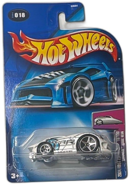 Hot Wheels 2004 First Editions Hardnoze Dodge Neon 18/100 Factory Sealed: Hot Wheels 2004 First Editions Hardnoze Dodge Neon, numbered 18 of 100, in factory-sealed blister packaging. Collectible die-cast toy car featuring a chrome finish, bold racing decals, and oversized w