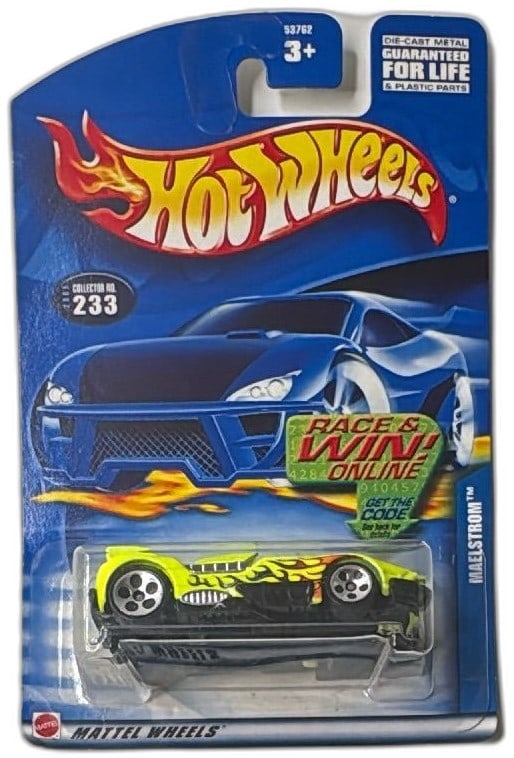 Hot Wheels Maelstrom Collector No 233 2002 Mattel Sealed Diecast Car: Hot Wheels Maelstrom Diecast Car, Collector No. 233, released in 2002 by Mattel. This collectible is factory sealed in original blue blister packaging, featuring vibrant yellow and black color, flame 
