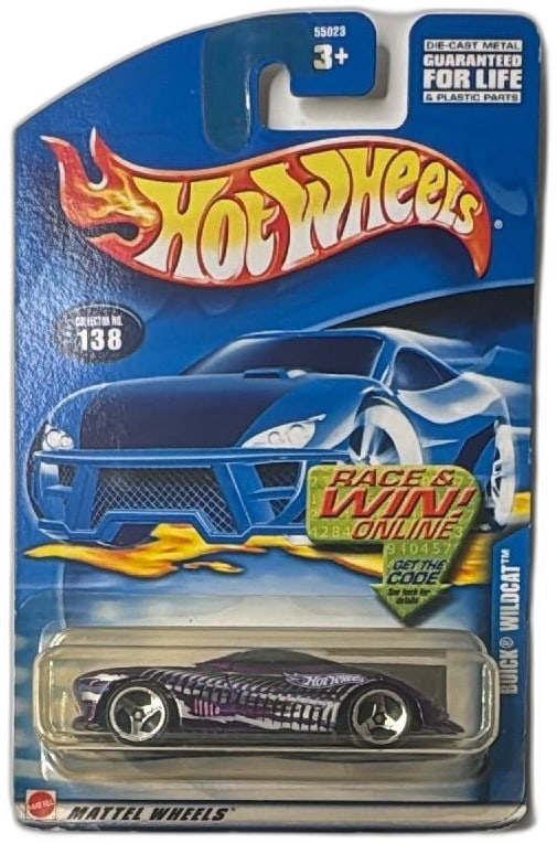 Hot Wheels Buick Wildcat 2002 Collector 138 Factory Sealed Diecast Car: Hot Wheels Buick Wildcat 2002 Collector Number 138, factory sealed in original packaging. Features die-cast metal body, custom graphics in purple and white, and authentic Mattel Wheels. Limited editio
