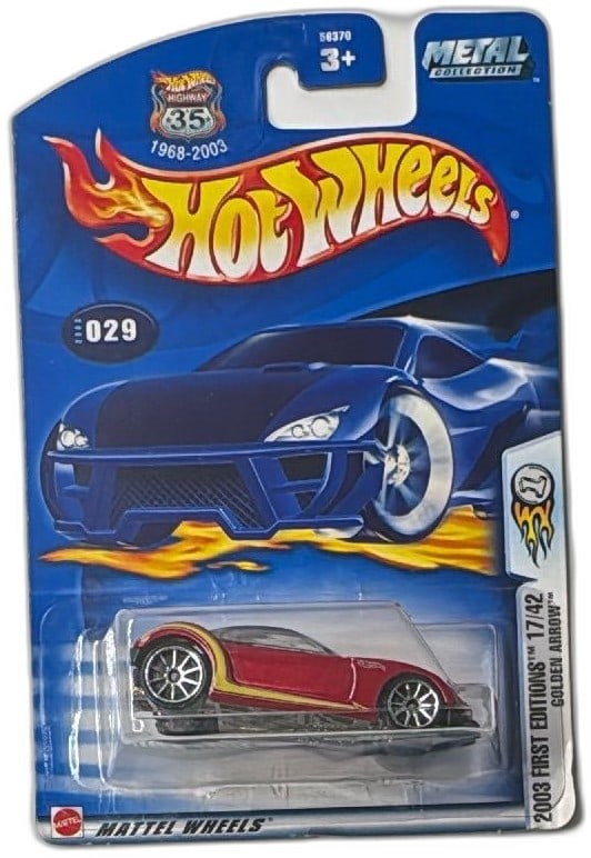 Hot Wheels 2003 First Editions 17/42 Golden Arrow Red Metal Collection Sealed: Hot Wheels 2003 First Editions Golden Arrow, number 17 of 42, part of the Metal Collection. Features a striking red die-cast body with yellow graphics, detailed wheels, and comes in original factory-s