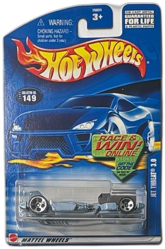 Hot Wheels Jet Threat 3.0 2002 Collector 149 Blue Card Diecast Car Sealed: Hot Wheels Jet Threat 3.0 diecast car, Collector No. 149 from 2002, still factory sealed in original blue card packaging. This collectible features a sleek, silver car with high-gloss finish and futur