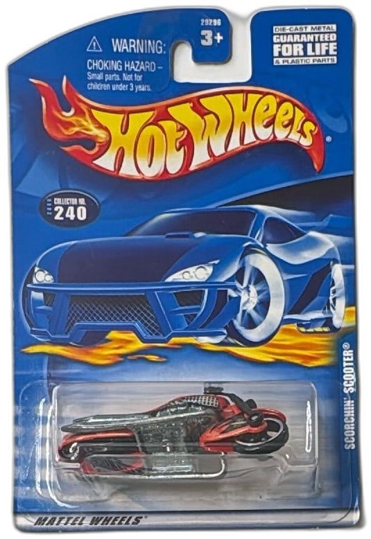 Hot Wheels Scorchin Scooter 2000 Collector 240 Diecast Motorcycle MOC: Hot Wheels Scorchin' Scooter diecast motorcycle, 2000 release, Collector No. 240. Features red and chrome colors, "Duncans Motorcycles" and "Tall Ordered Cycles" logos on the side, and authentic Matte