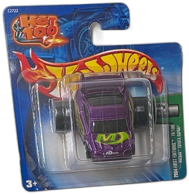 Hot Wheels 2004 First Editions Toyota Supra Purple Diecast Car New Sealed: Hot Wheels 2004 First Editions Fatbax Toyota Supra No. 78/100, factory sealed. Features a collectible purple diecast Toyota Supra with vivid MD racing graphics and oversized rear spoiler, part of the 